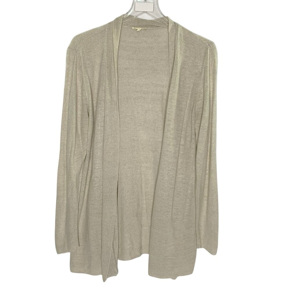 Eileen Fisher Open Front Cardigan 100% Linen Sweater L Beige Organic Lightweight